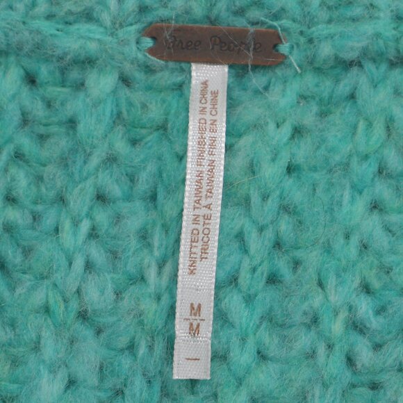 NWT FREE PEOPLE Chunky Knit Blue Bell V-Neck Oversized Sweater Electric Teal M - Picture 9 of 11